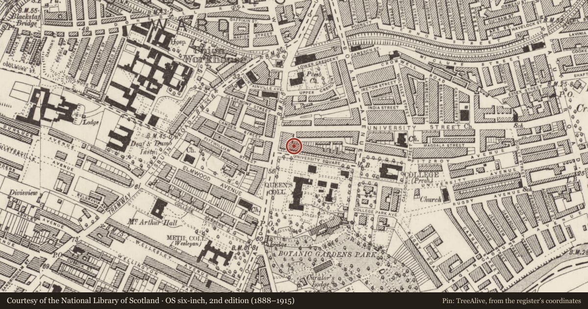 Ordnance Survey six-inch map, 2nd edition (1888–1915) covering the location of 6 University Square, Belfast, with a pin at the register's coordinates