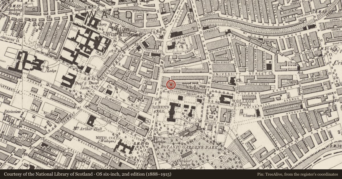 Ordnance Survey six-inch map, 2nd edition (1888–1915) covering the location of 7 University Square, Belfast, with a pin at the register's coordinates