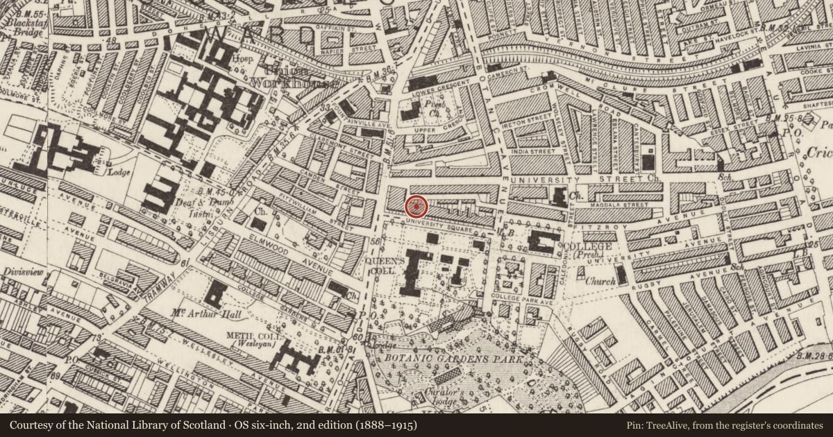 Ordnance Survey six-inch map, 2nd edition (1888–1915) covering the location of 9 University Square, Belfast, with a pin at the register's coordinates