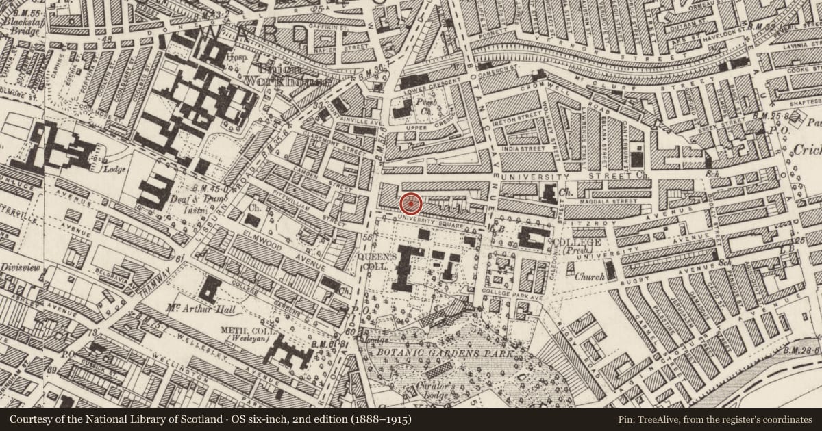 Ordnance Survey six-inch map, 2nd edition (1888–1915) covering the location of 10 University Square, Belfast, with a pin at the register's coordinates