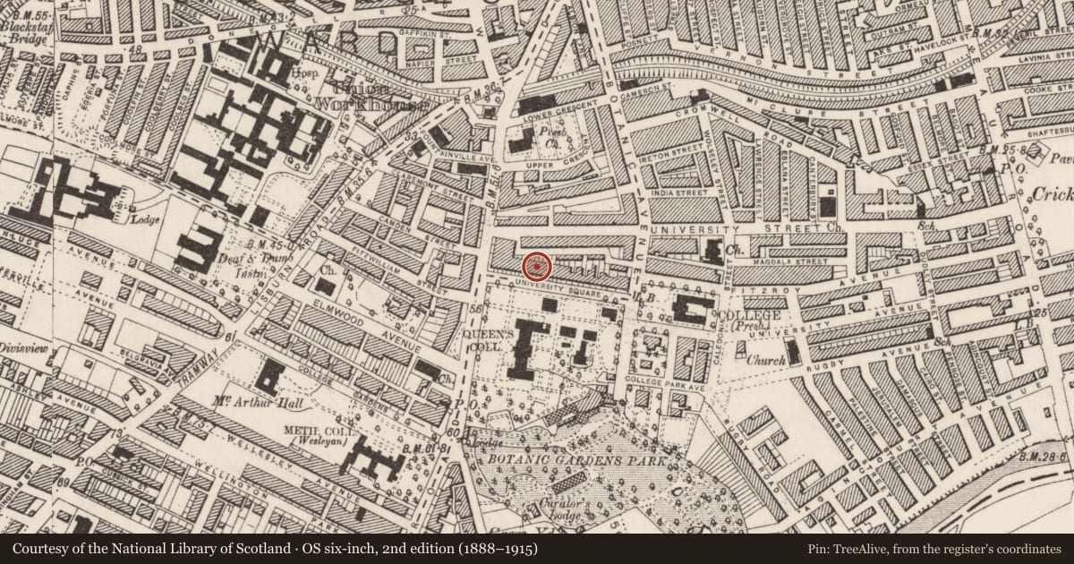 Ordnance Survey six-inch map, 2nd edition (1888–1915) covering the location of 11 University Square, Belfast, with a pin at the register's coordinates