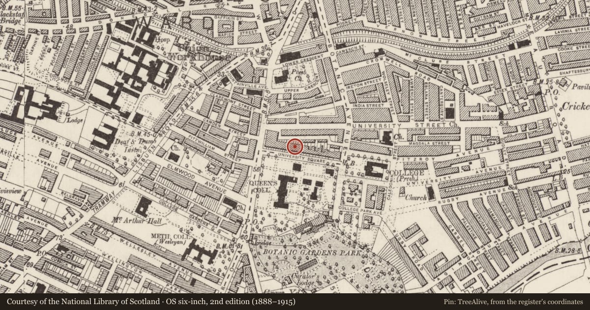 Ordnance Survey six-inch map, 2nd edition (1888–1915) covering the location of 13 University Square, Belfast, with a pin at the register's coordinates