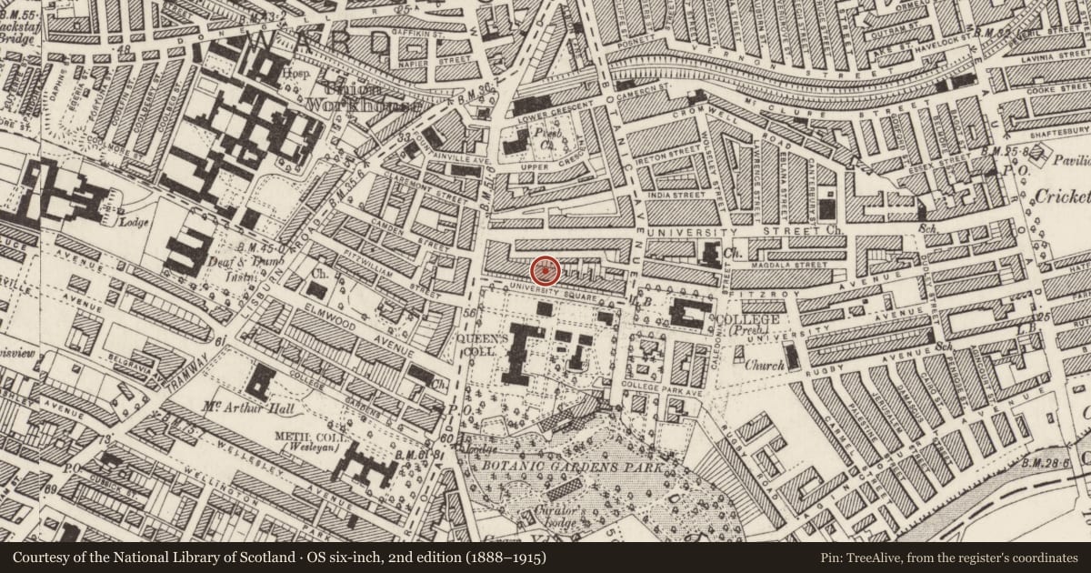 Ordnance Survey six-inch map, 2nd edition (1888–1915) covering the location of 14 University Square, Belfast, with a pin at the register's coordinates