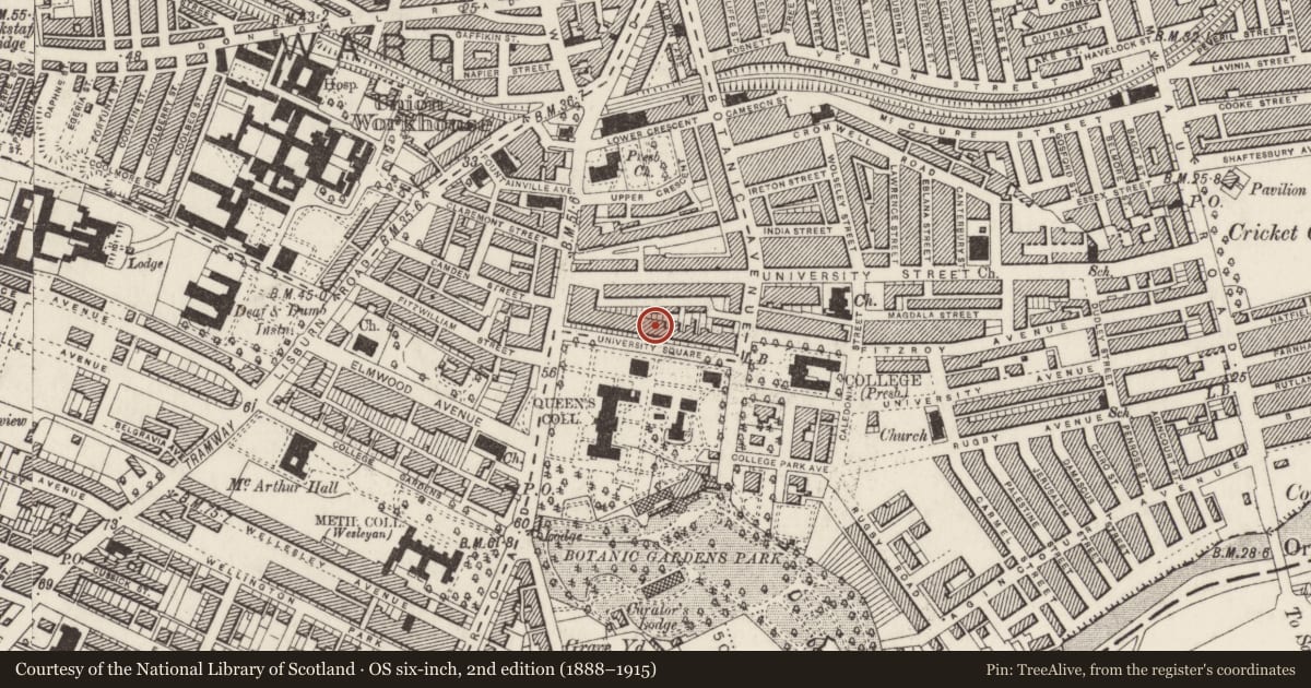 Ordnance Survey six-inch map, 2nd edition (1888–1915) covering the location of 17 University Square, Belfast, with a pin at the register's coordinates