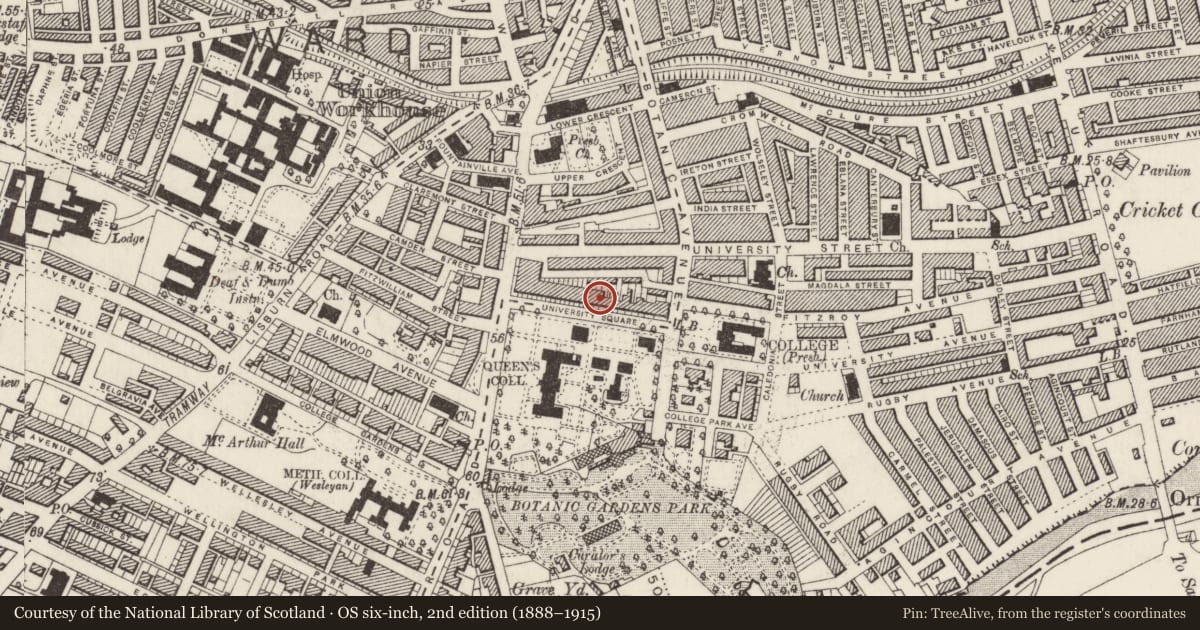 Ordnance Survey six-inch map, 2nd edition (1888–1915) covering the location of 18 University Square, Belfast, with a pin at the register's coordinates