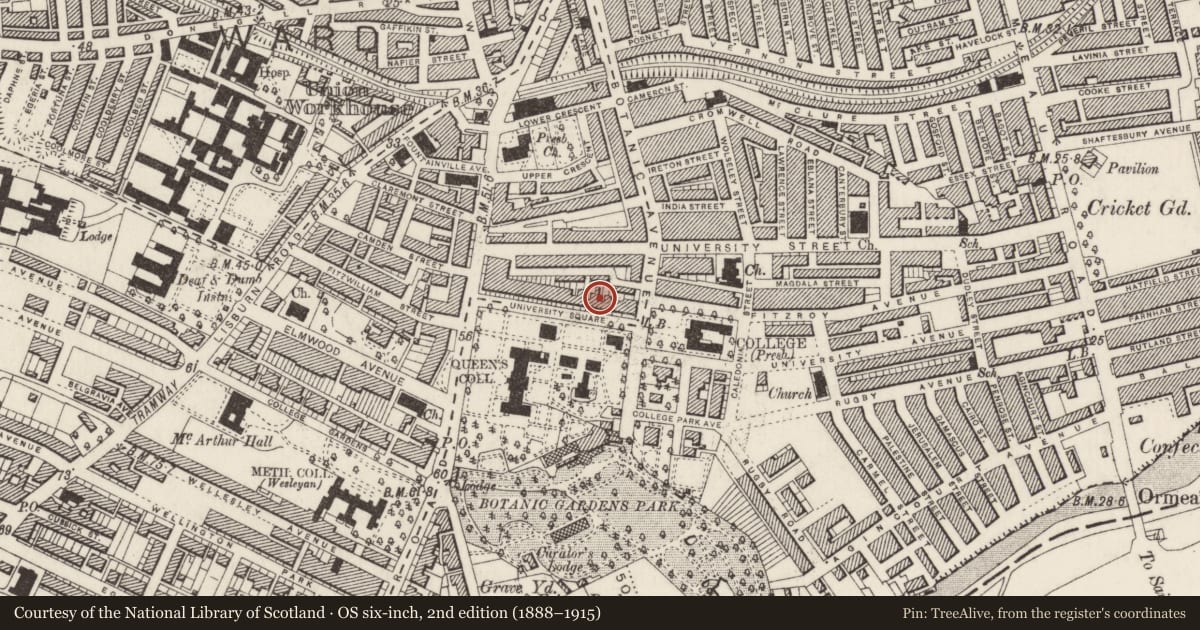Ordnance Survey six-inch map, 2nd edition (1888–1915) covering the location of 23 University Square, Belfast, with a pin at the register's coordinates