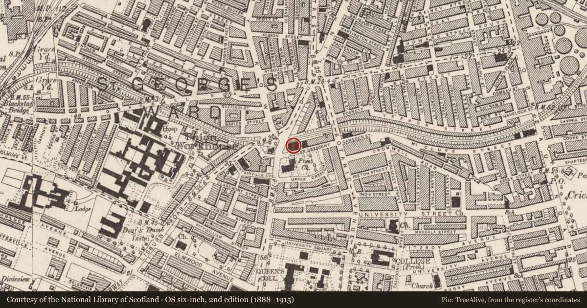 Ordnance Survey six-inch map, 2nd edition (1888–1915) covering the location of Crescent Arts Centre, Malone Lower, Belfast, with a pin at the register's coordinates