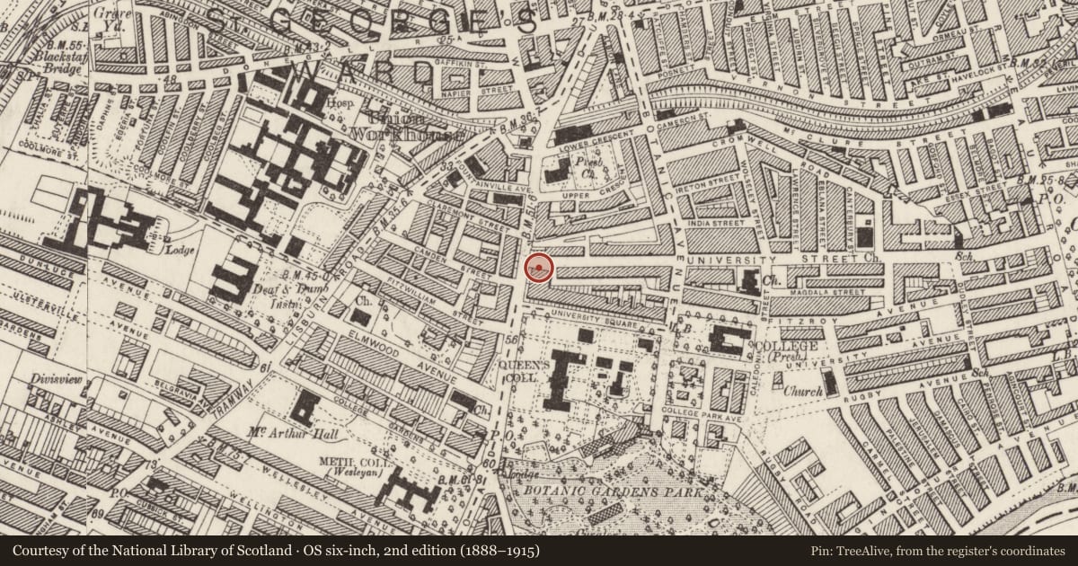 Ordnance Survey six-inch map, 2nd edition (1888–1915) covering the location of 42 University Road, Belfast, with a pin at the register's coordinates