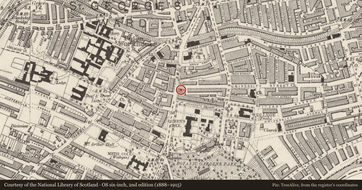 Ordnance Survey six-inch map, 2nd edition (1888–1915) covering the location of 44 University Road, Belfast, with a pin at the register's coordinates