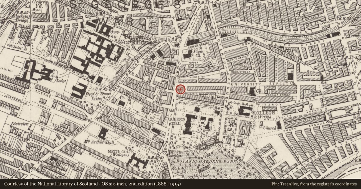 Ordnance Survey six-inch map, 2nd edition (1888–1915) covering the location of 46 University Road, Belfast, with a pin at the register's coordinates
