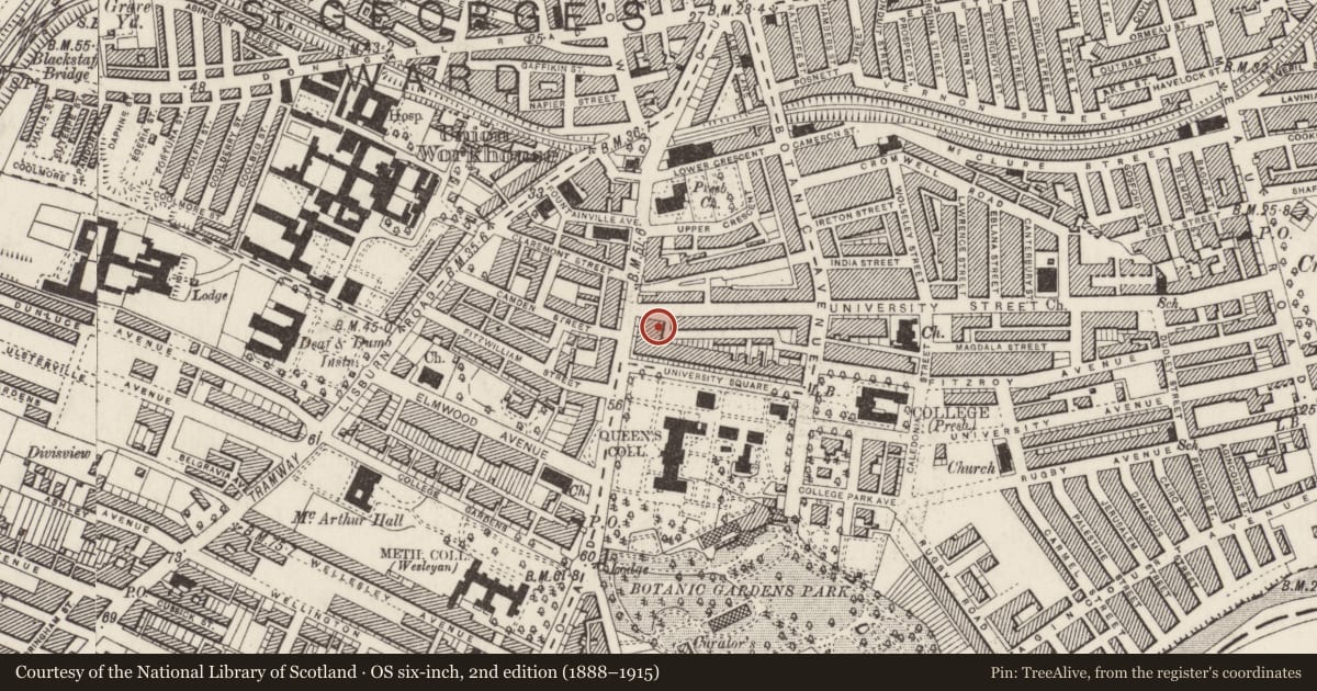 Ordnance Survey six-inch map, 2nd edition (1888–1915) covering the location of 1 University St., Belfast, with a pin at the register's coordinates