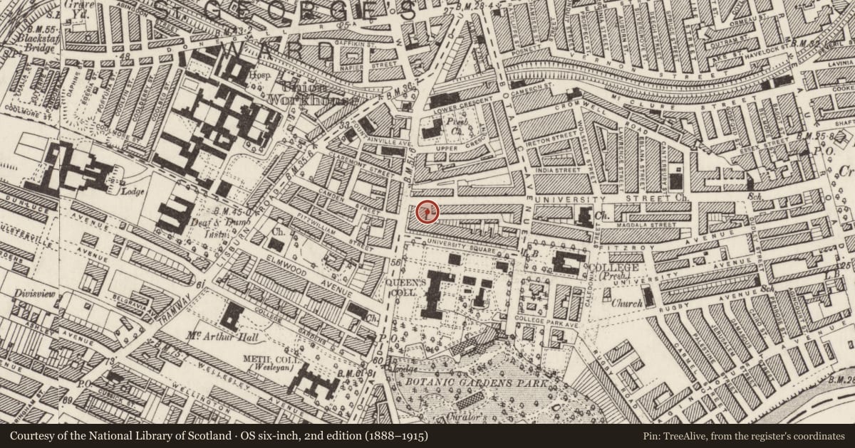 Ordnance Survey six-inch map, 2nd edition (1888–1915) covering the location of 3 University St., Belfast, with a pin at the register's coordinates