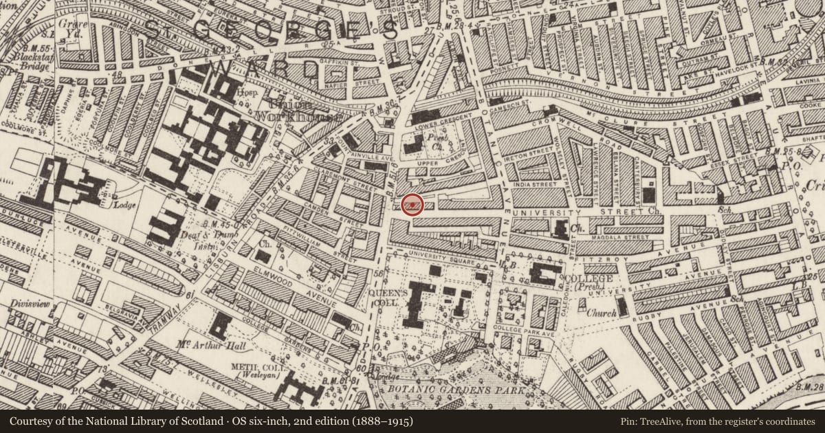 Ordnance Survey six-inch map, 2nd edition (1888–1915) covering the location of 5 Mount Charles, Belfast, with a pin at the register's coordinates