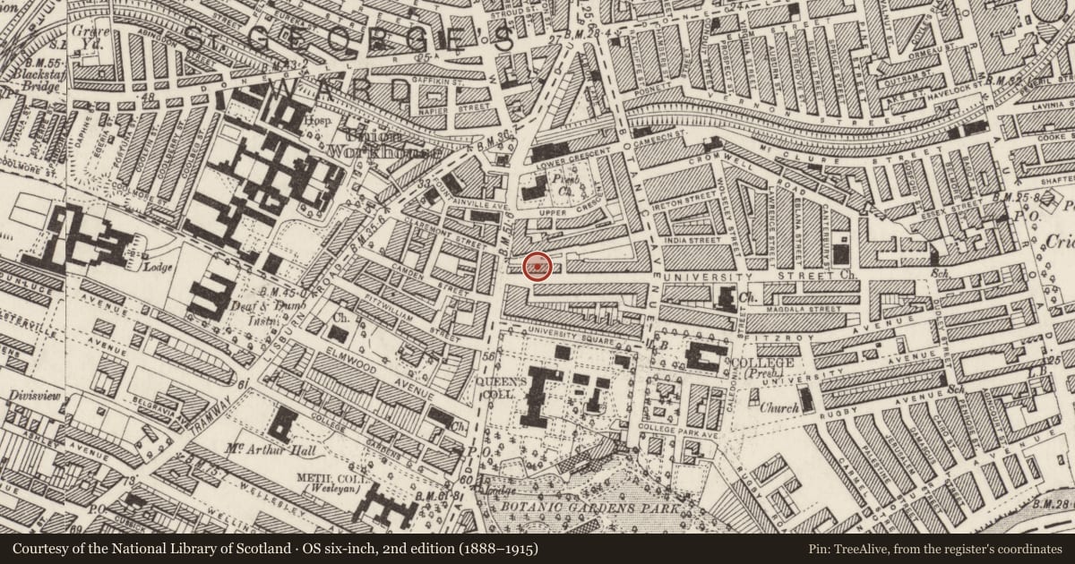 Ordnance Survey six-inch map, 2nd edition (1888–1915) covering the location of 7 Mount Charles, Belfast, with a pin at the register's coordinates