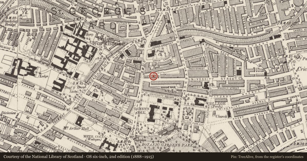 Ordnance Survey six-inch map, 2nd edition (1888–1915) covering the location of 9 Mount Charles, Belfast, with a pin at the register's coordinates