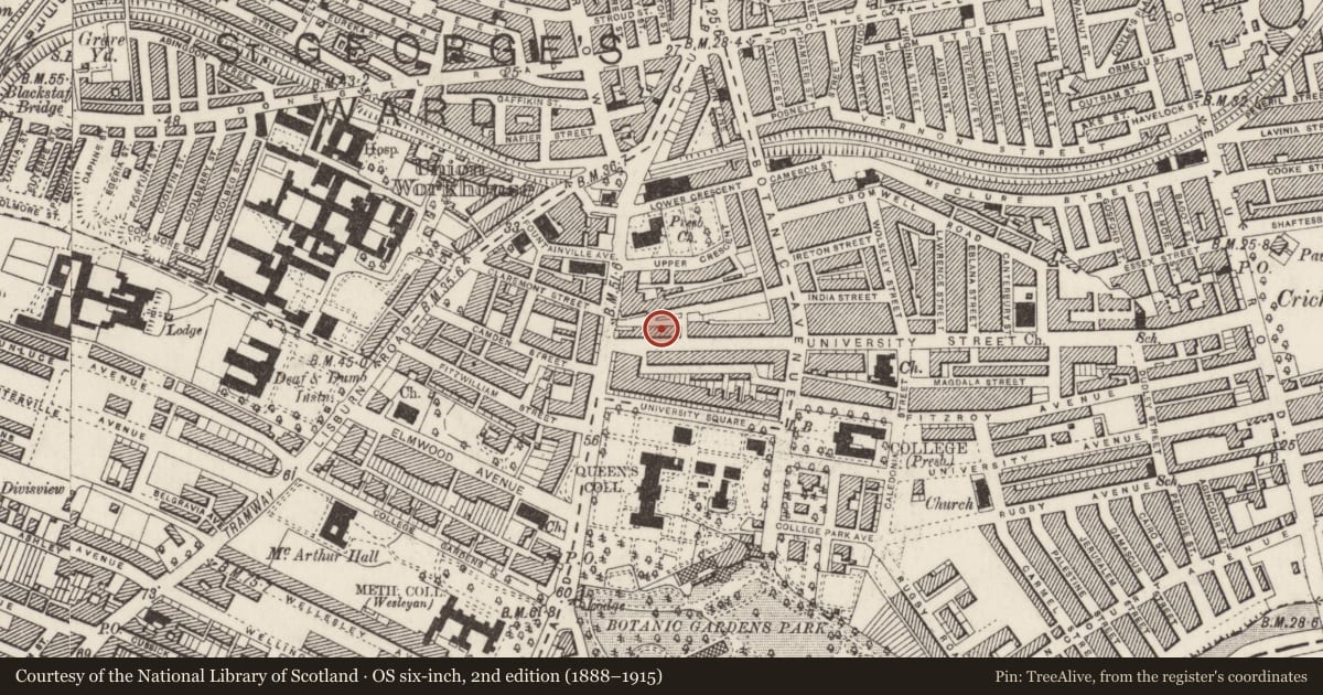 Ordnance Survey six-inch map, 2nd edition (1888–1915) covering the location of 11 Mount Charles, Belfast, with a pin at the register's coordinates