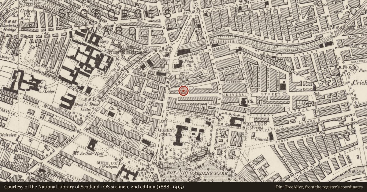 Ordnance Survey six-inch map, 2nd edition (1888–1915) covering the location of 13 Mount Charles, Belfast, with a pin at the register's coordinates