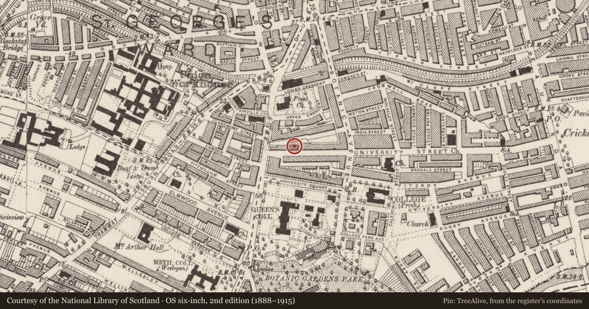 Ordnance Survey six-inch map, 2nd edition (1888–1915) covering the location of 15 Mount Charles, Belfast, with a pin at the register's coordinates