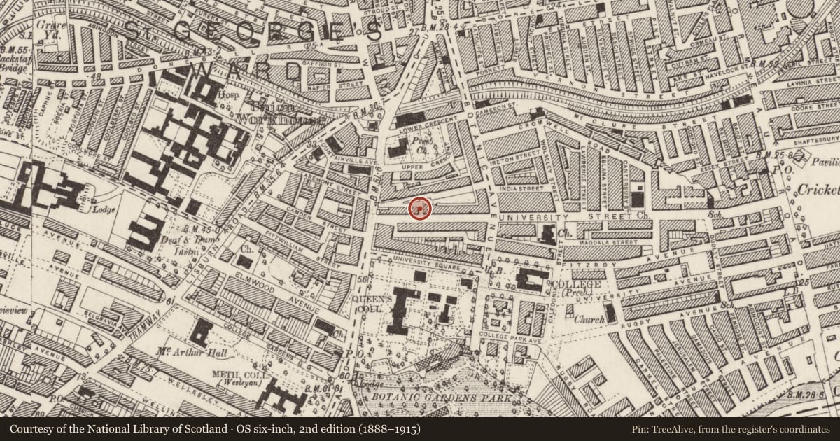 Ordnance Survey six-inch map, 2nd edition (1888–1915) covering the location of 19 Mount Charles, Belfast, with a pin at the register's coordinates