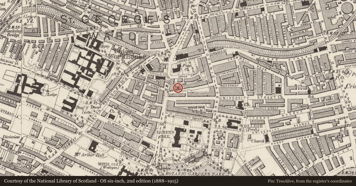 Ordnance Survey six-inch map, 2nd edition (1888–1915) covering the location of 6 Mount Charles, Belfast, with a pin at the register's coordinates
