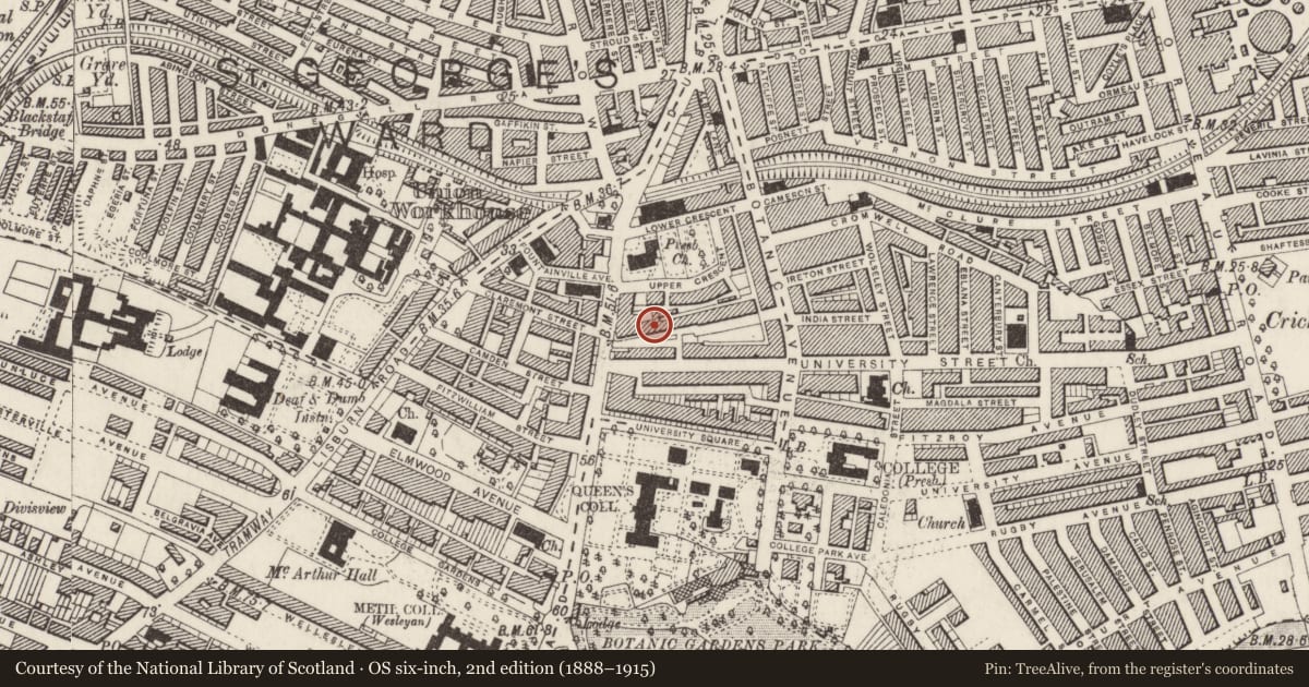 Ordnance Survey six-inch map, 2nd edition (1888–1915) covering the location of 8 Mount Charles, Belfast, with a pin at the register's coordinates