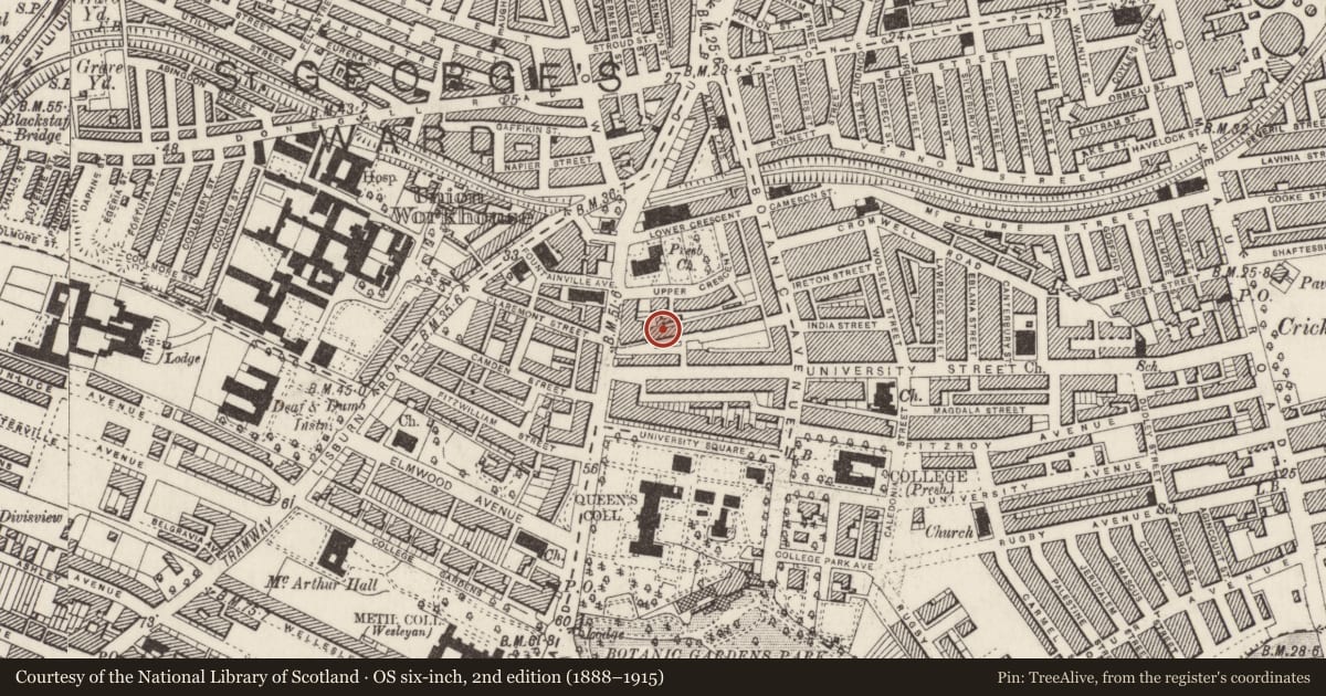 Ordnance Survey six-inch map, 2nd edition (1888–1915) covering the location of 10 Mount Charles, Belfast, with a pin at the register's coordinates