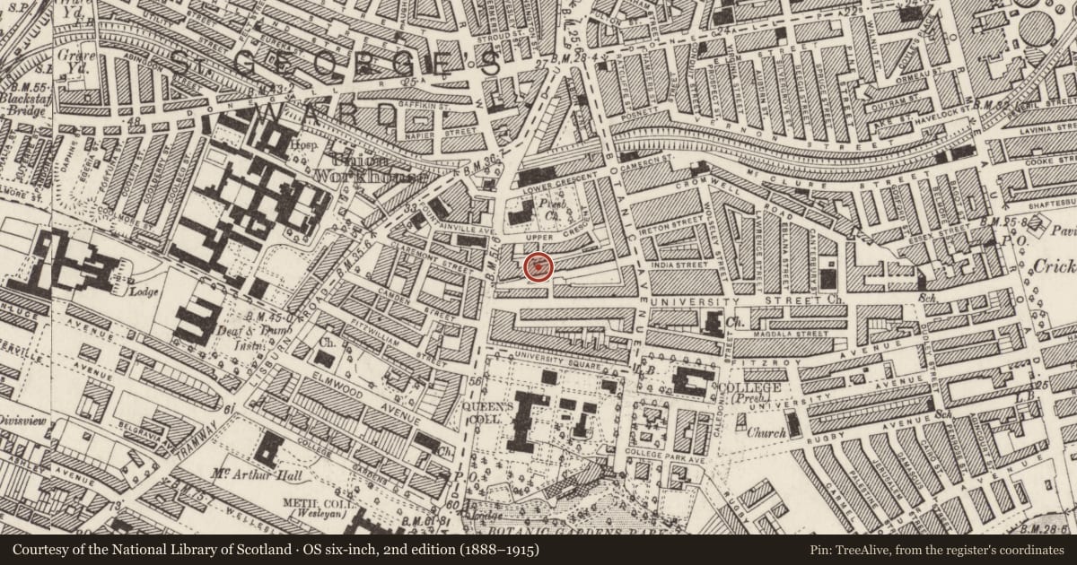 Ordnance Survey six-inch map, 2nd edition (1888–1915) covering the location of 12 Mount Charles, Belfast, with a pin at the register's coordinates