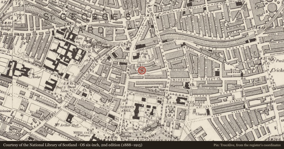 Ordnance Survey six-inch map, 2nd edition (1888–1915) covering the location of 14 Mount Charles, Belfast, with a pin at the register's coordinates