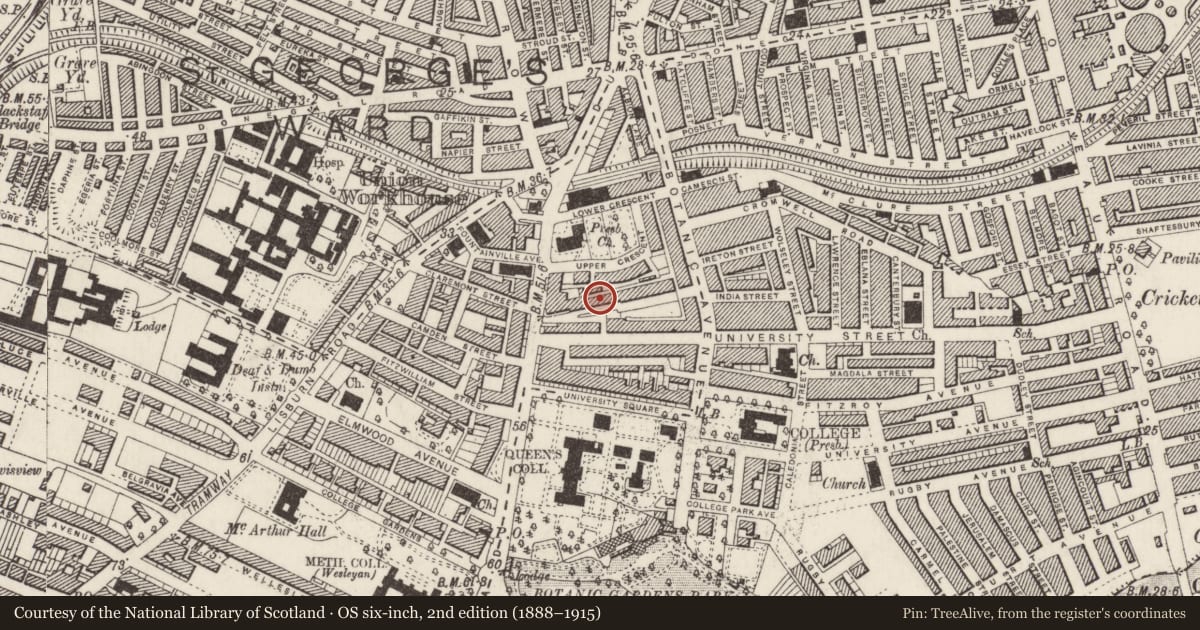 Ordnance Survey six-inch map, 2nd edition (1888–1915) covering the location of 16 Mount Charles, Belfast, with a pin at the register's coordinates