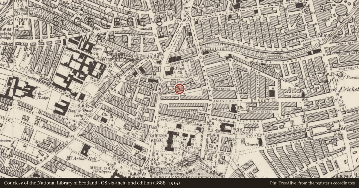 Ordnance Survey six-inch map, 2nd edition (1888–1915) covering the location of 18 Mount Charles, Belfast, with a pin at the register's coordinates