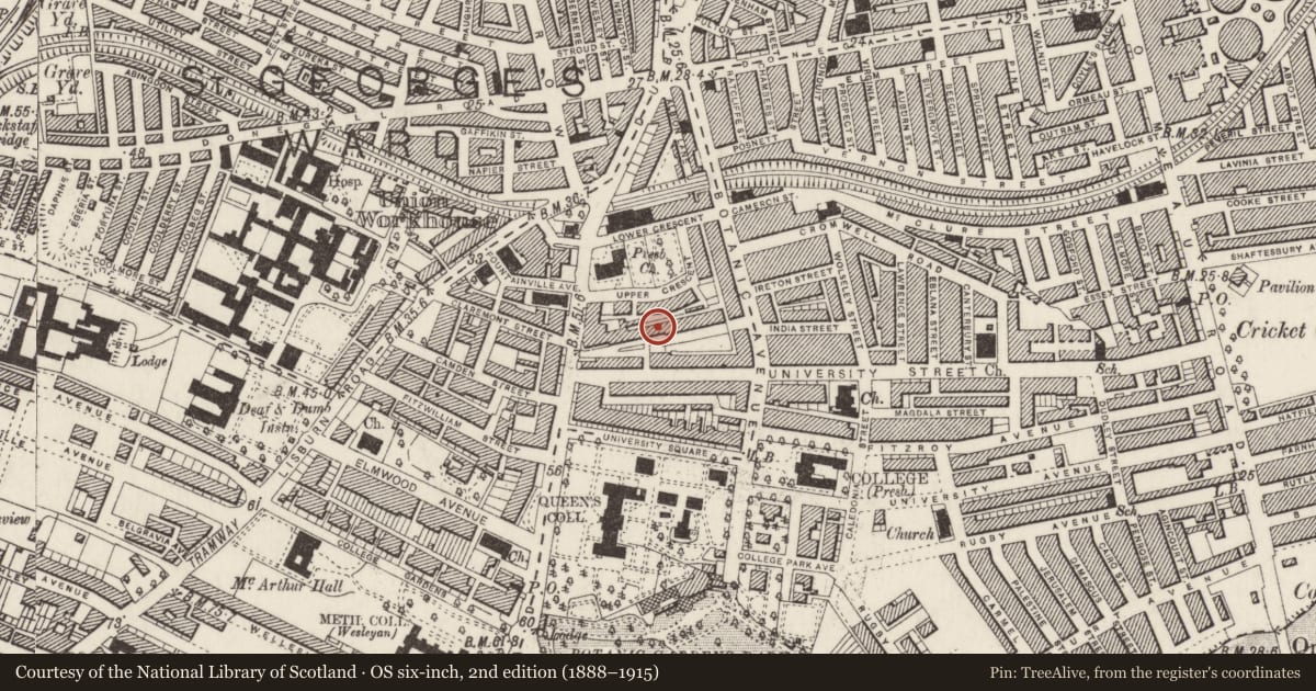 Ordnance Survey six-inch map, 2nd edition (1888–1915) covering the location of 22 Mount Charles, Belfast, with a pin at the register's coordinates