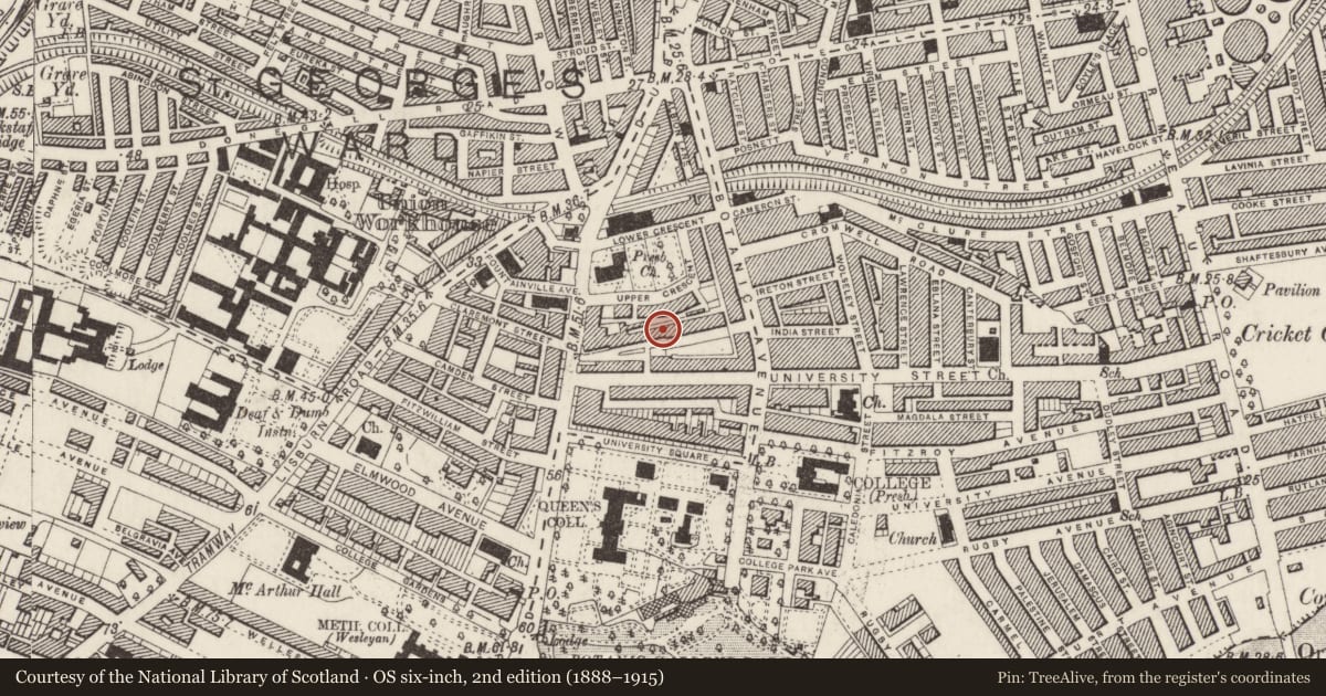 Ordnance Survey six-inch map, 2nd edition (1888–1915) covering the location of 24 Mount Charles, Belfast, with a pin at the register's coordinates
