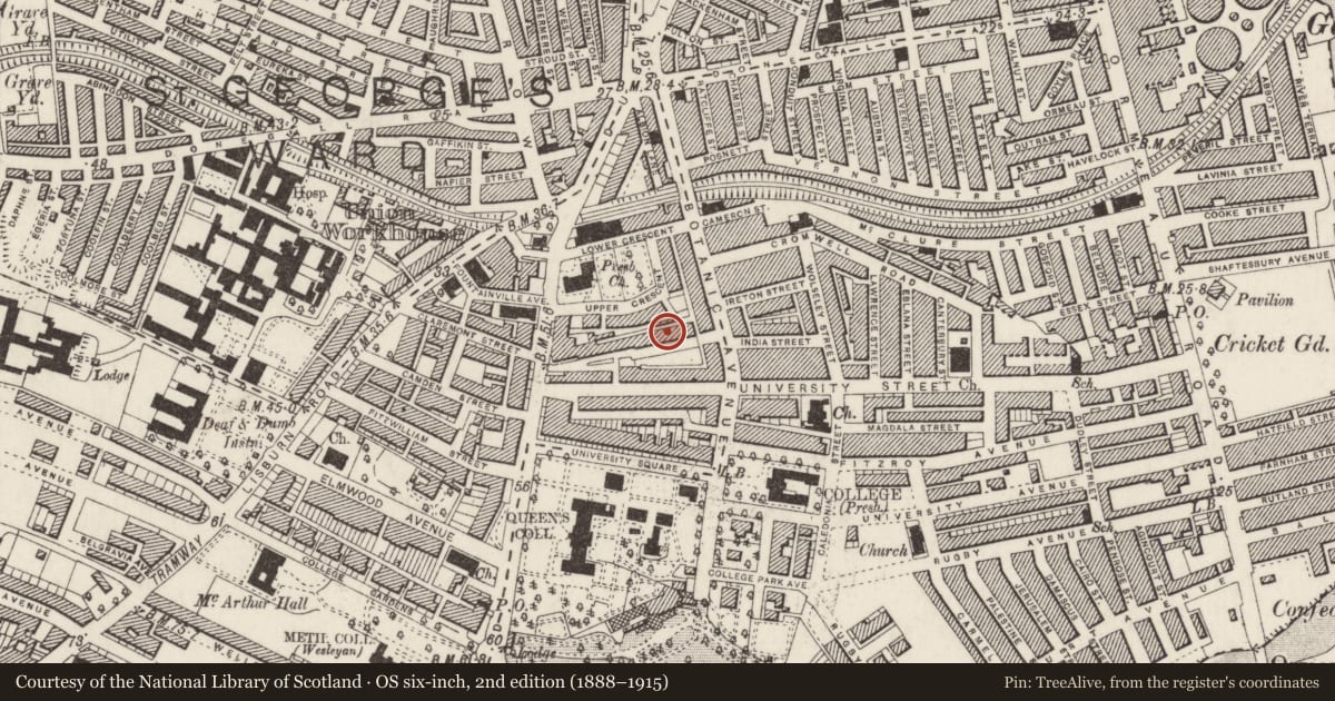 Ordnance Survey six-inch map, 2nd edition (1888–1915) covering the location of 26-50 Mount Charles, Belfast, with a pin at the register's coordinates
