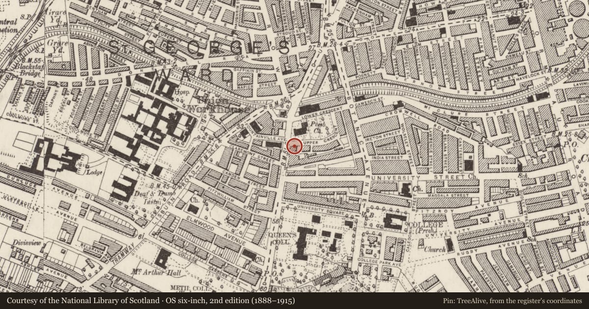 Ordnance Survey six-inch map, 2nd edition (1888–1915) covering the location of 1 Upper Crescent & 28 University Road, Malone Lower, Belfast, with a pin at the register's coordinates