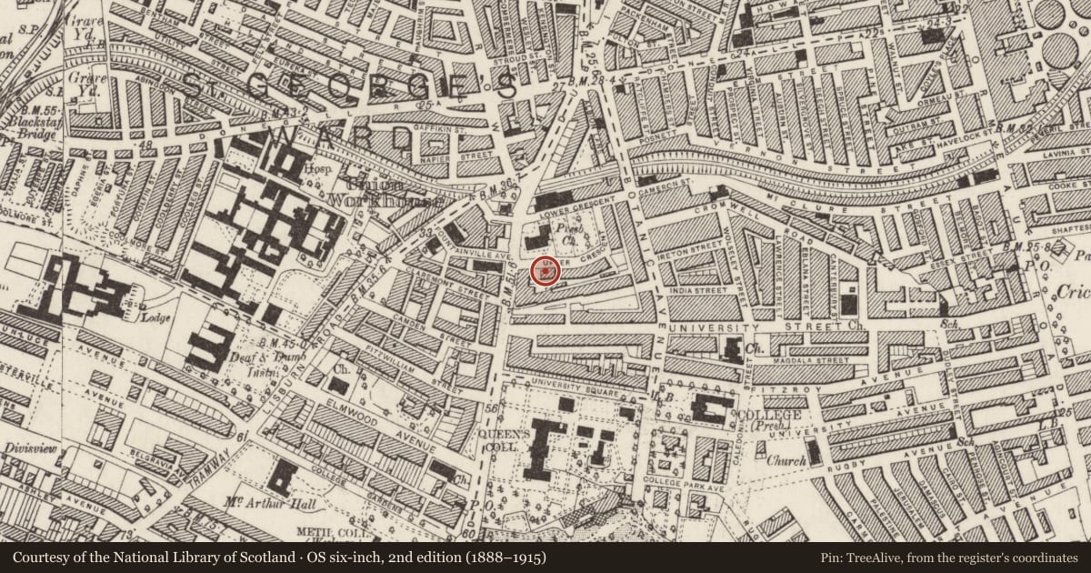 Ordnance Survey six-inch map, 2nd edition (1888–1915) covering the location of 4 Upper Crescent, Belfast, with a pin at the register's coordinates