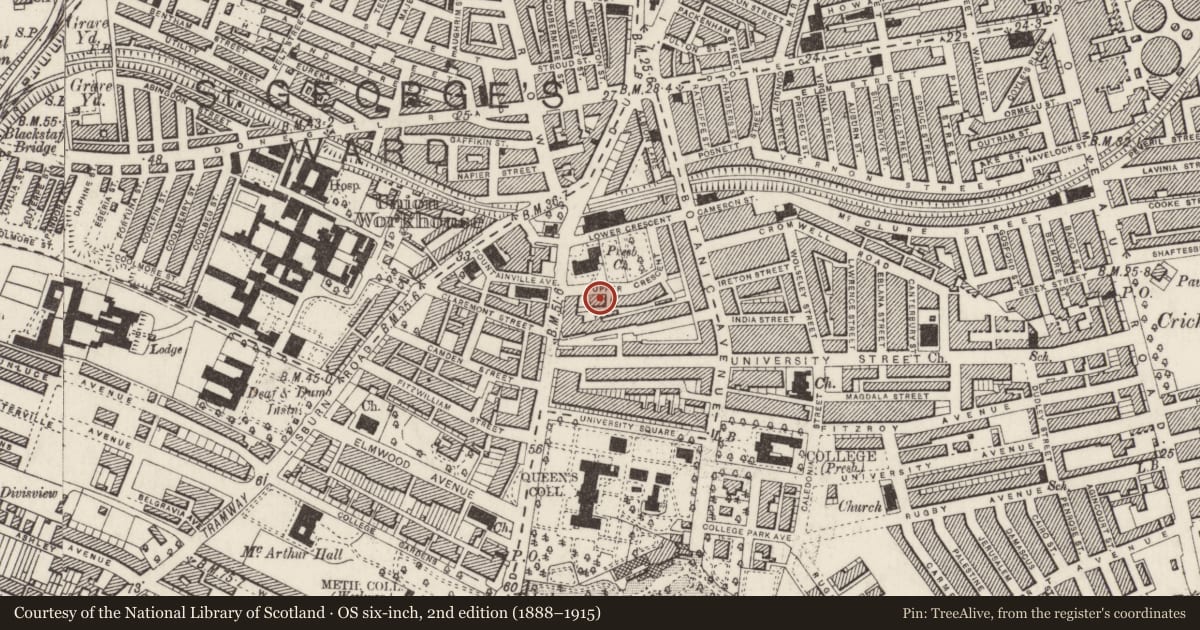 Ordnance Survey six-inch map, 2nd edition (1888–1915) covering the location of 5 Upper Crescent, Belfast, with a pin at the register's coordinates