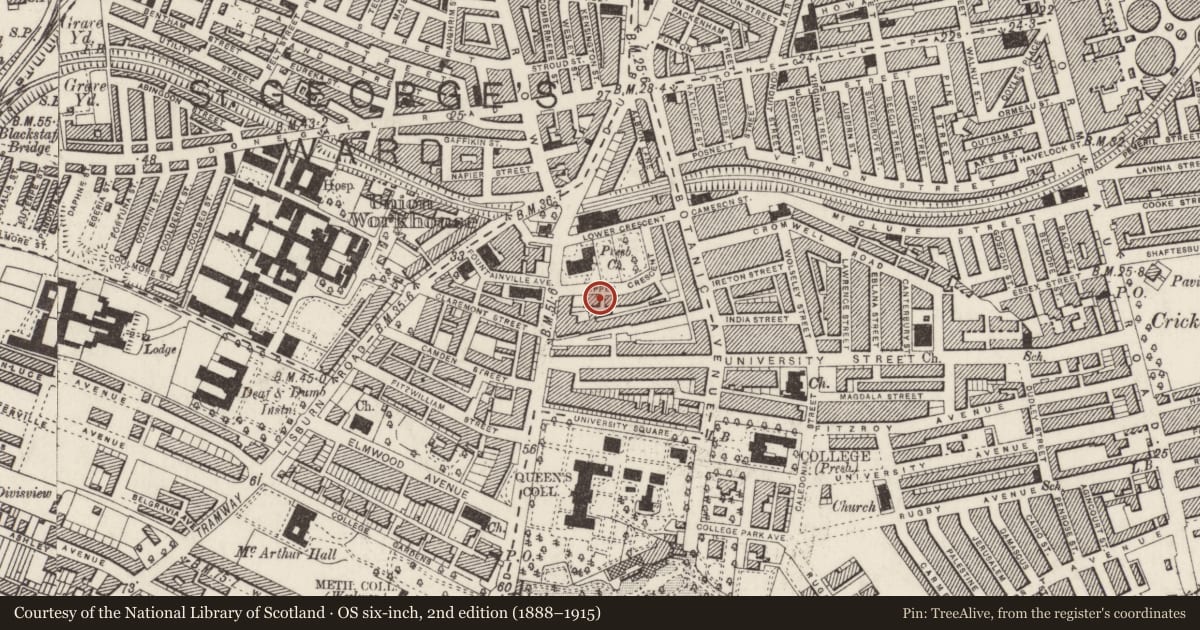 Ordnance Survey six-inch map, 2nd edition (1888–1915) covering the location of 6 Upper Crescent, Belfast, with a pin at the register's coordinates