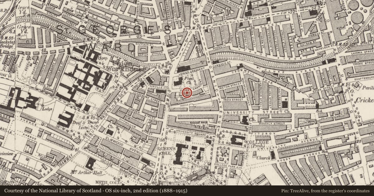 Ordnance Survey six-inch map, 2nd edition (1888–1915) covering the location of 7 Upper Crescent, Malone Lower, Belfast, with a pin at the register's coordinates