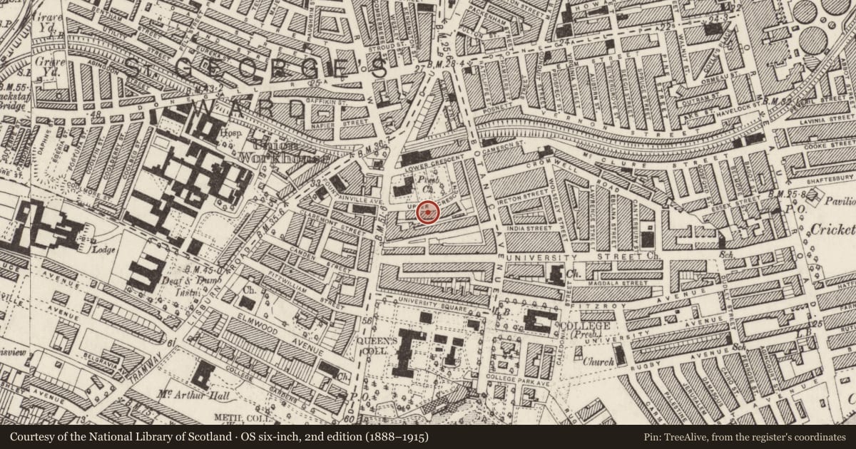 Ordnance Survey six-inch map, 2nd edition (1888–1915) covering the location of 8 Upper Crescent, Malone Lower, Belfast, with a pin at the register's coordinates