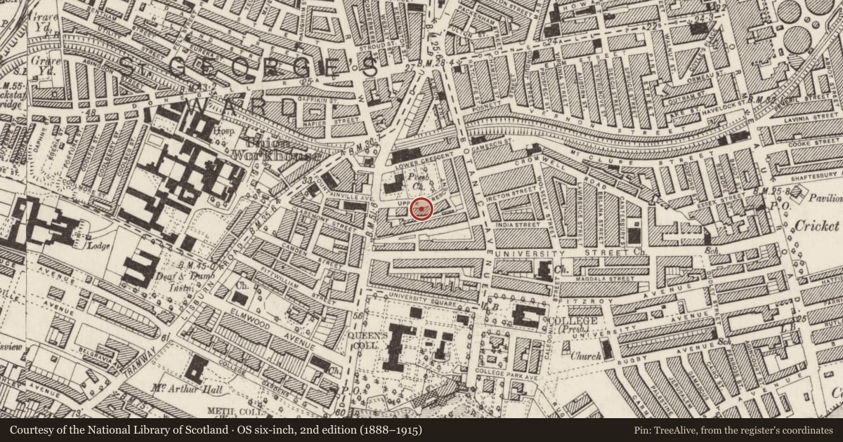 Ordnance Survey six-inch map, 2nd edition (1888–1915) covering the location of 9 Upper Crescent, Malone Lower, Belfast, with a pin at the register's coordinates