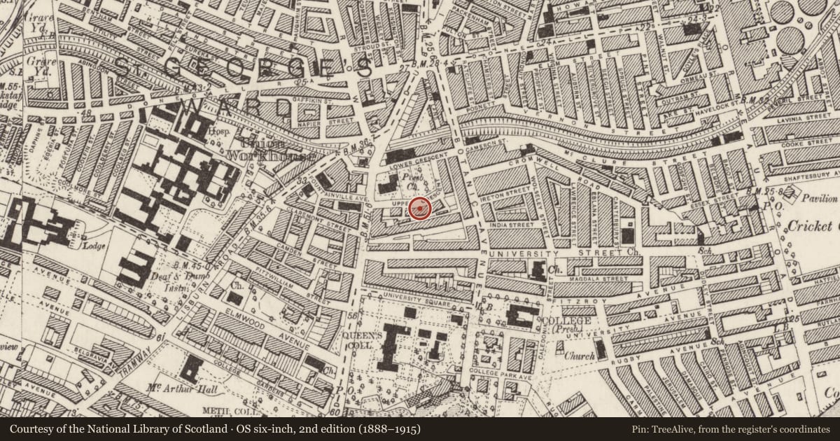 Ordnance Survey six-inch map, 2nd edition (1888–1915) covering the location of 10 Upper Crescent, Malone Lower, Belfast, with a pin at the register's coordinates