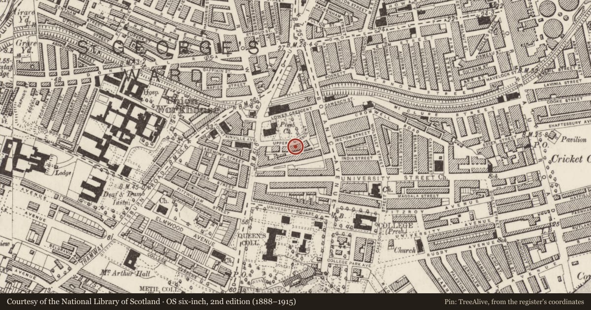 Ordnance Survey six-inch map, 2nd edition (1888–1915) covering the location of 11 Upper Crescent, Malone Lower, Belfast, with a pin at the register's coordinates