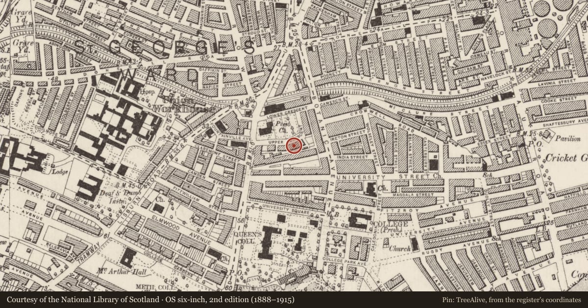 Ordnance Survey six-inch map, 2nd edition (1888–1915) covering the location of 12 Upper Crescent, Malone Lower, Belfast, with a pin at the register's coordinates