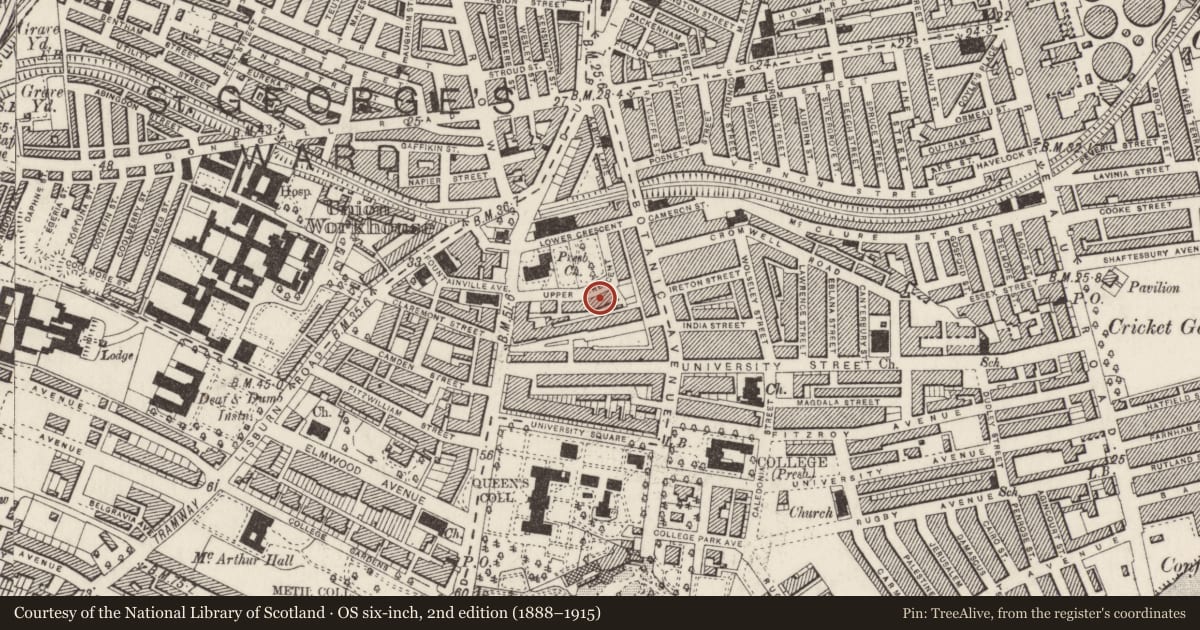 Ordnance Survey six-inch map, 2nd edition (1888–1915) covering the location of 13 Upper Crescent, Malone Lower, Belfast, with a pin at the register's coordinates