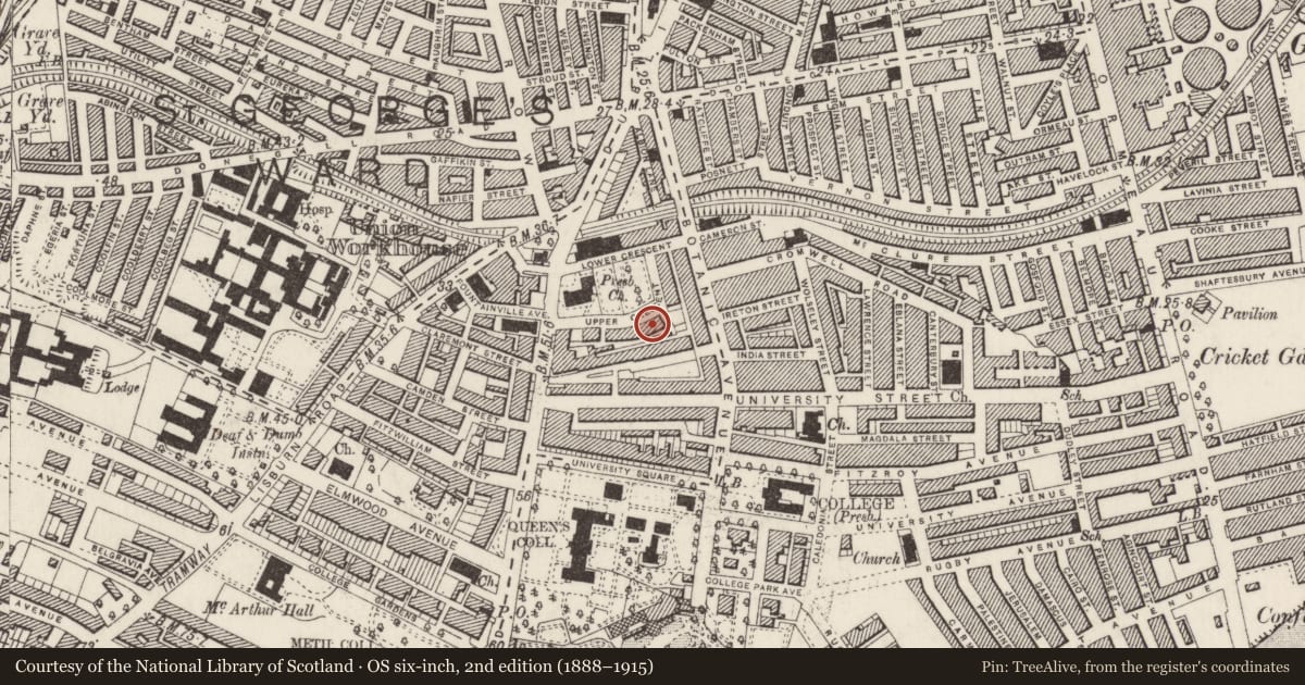 Ordnance Survey six-inch map, 2nd edition (1888–1915) covering the location of 14 Upper Crescent, Malone Lower, Belfast, with a pin at the register's coordinates