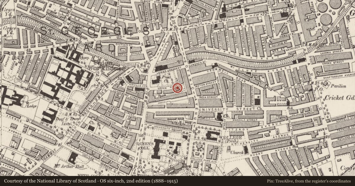 Ordnance Survey six-inch map, 2nd edition (1888–1915) covering the location of 15 Upper Crescent, Malone Lower, Belfast, with a pin at the register's coordinates