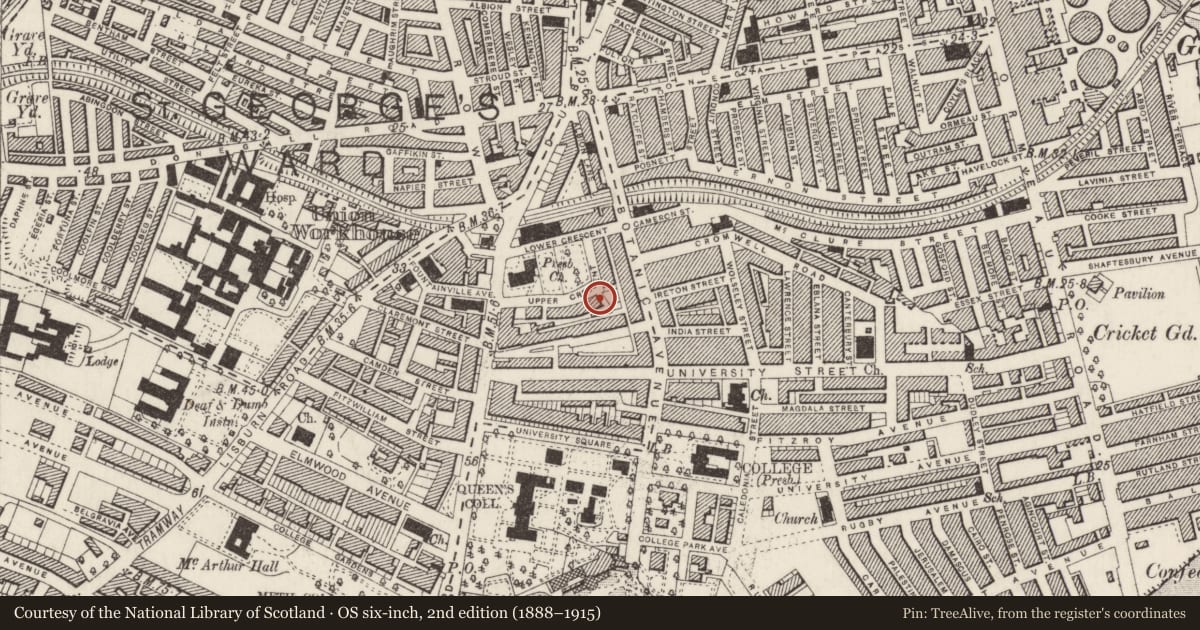 Ordnance Survey six-inch map, 2nd edition (1888–1915) covering the location of 16 Upper Crescent, Malone Lower, Belfast, with a pin at the register's coordinates