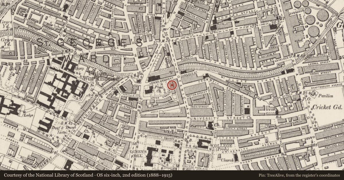 Ordnance Survey six-inch map, 2nd edition (1888–1915) covering the location of 14 Lower Crescent and 2-5 Crescent Gardens, Malone Lower, Belfast, with a pin at the register's coordinates