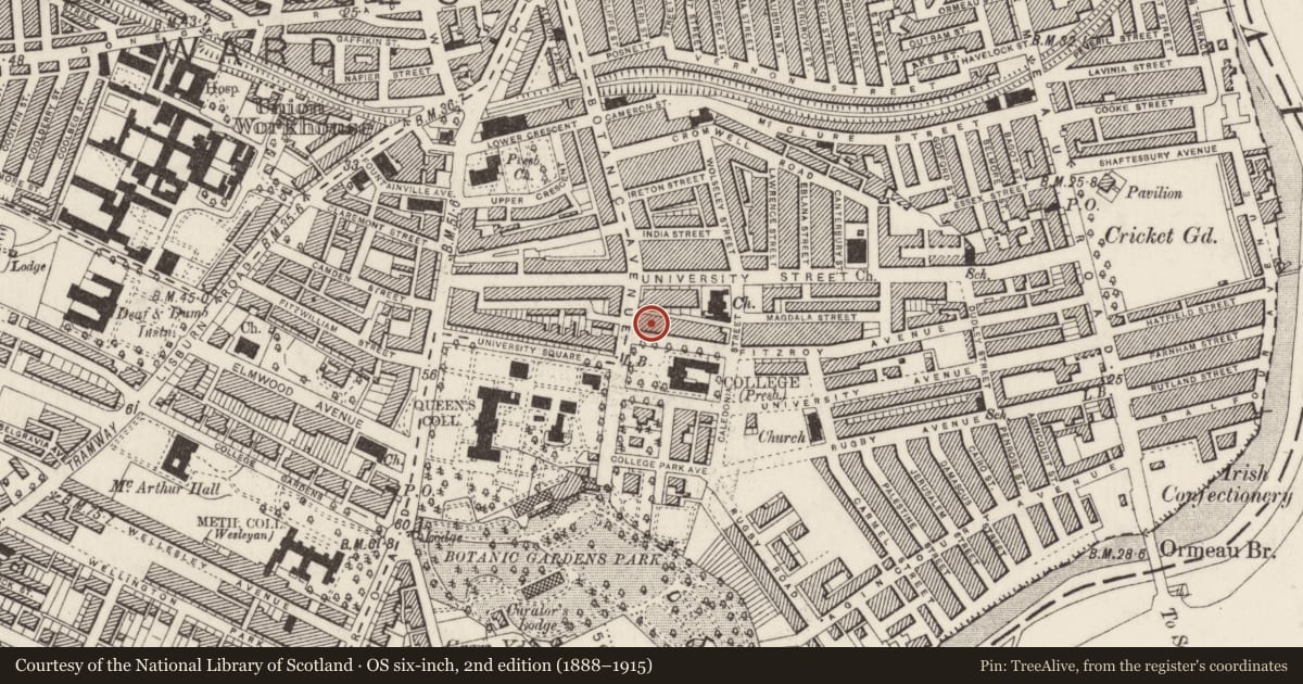 Ordnance Survey six-inch map, 2nd edition (1888–1915) covering the location of 2 College Green, Belfast, with a pin at the register's coordinates