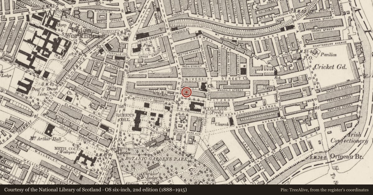 Ordnance Survey six-inch map, 2nd edition (1888–1915) covering the location of 4 College Green, Belfast, with a pin at the register's coordinates